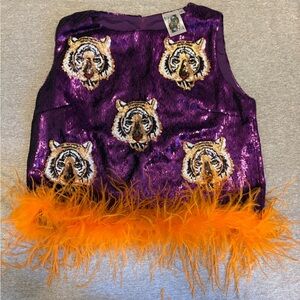 QUEEN OF SPARKLES Purple Sequin Tiger Embroidered Feather Trim Top